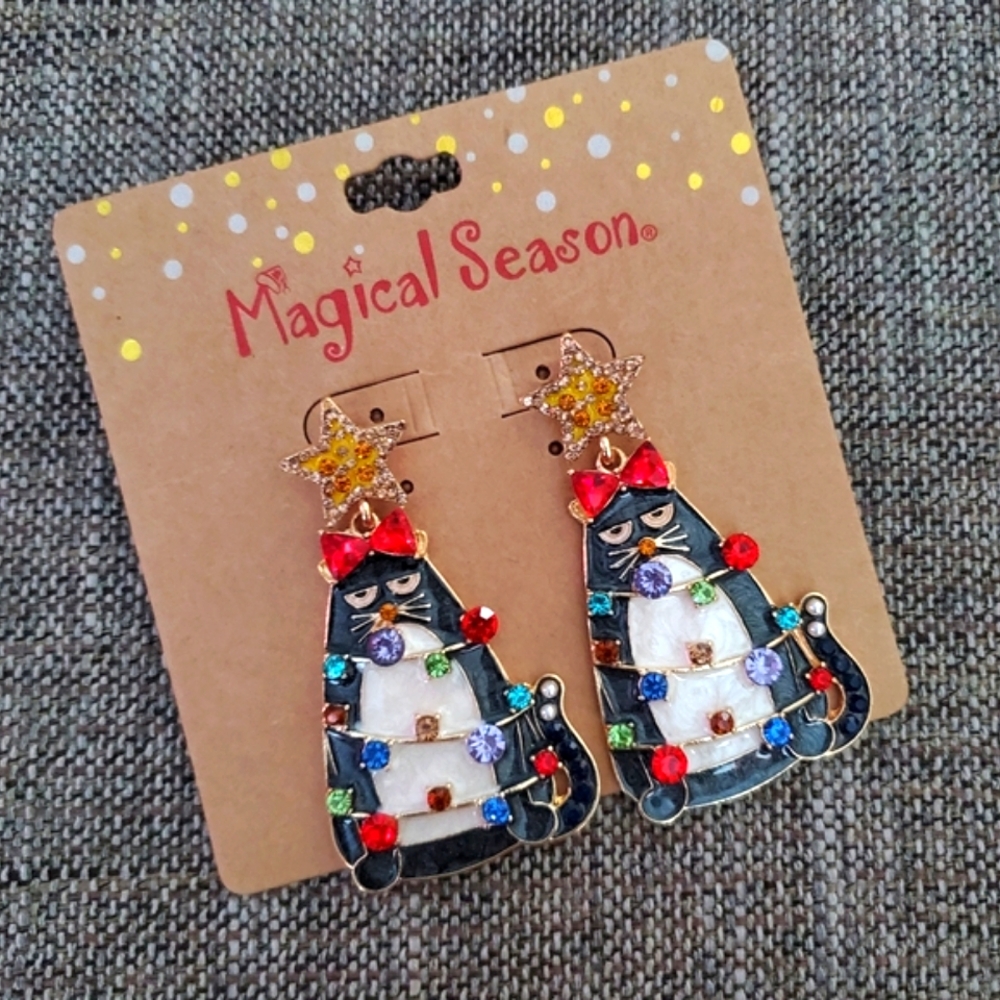 Magical Season Christmas cat post earrings with rhinestones